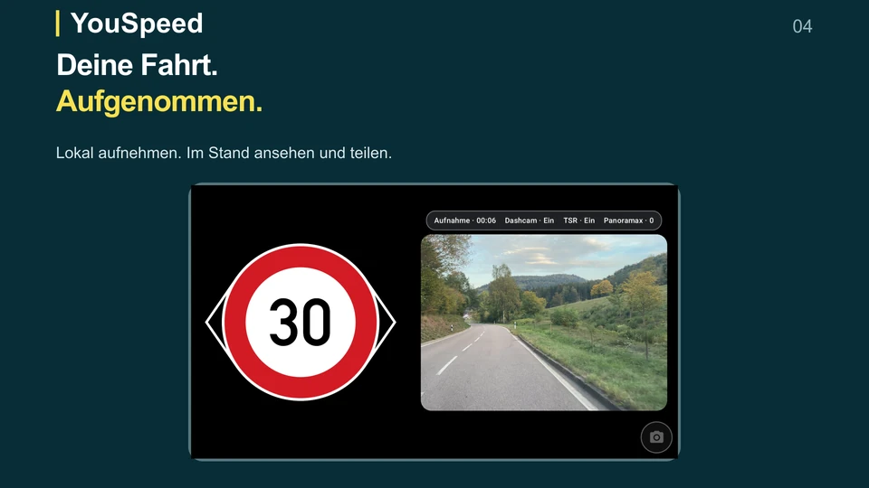 Android-Dashcam in YouSpeed 1.3 mit einem echten Straßenbild in der Demonstrationsansicht